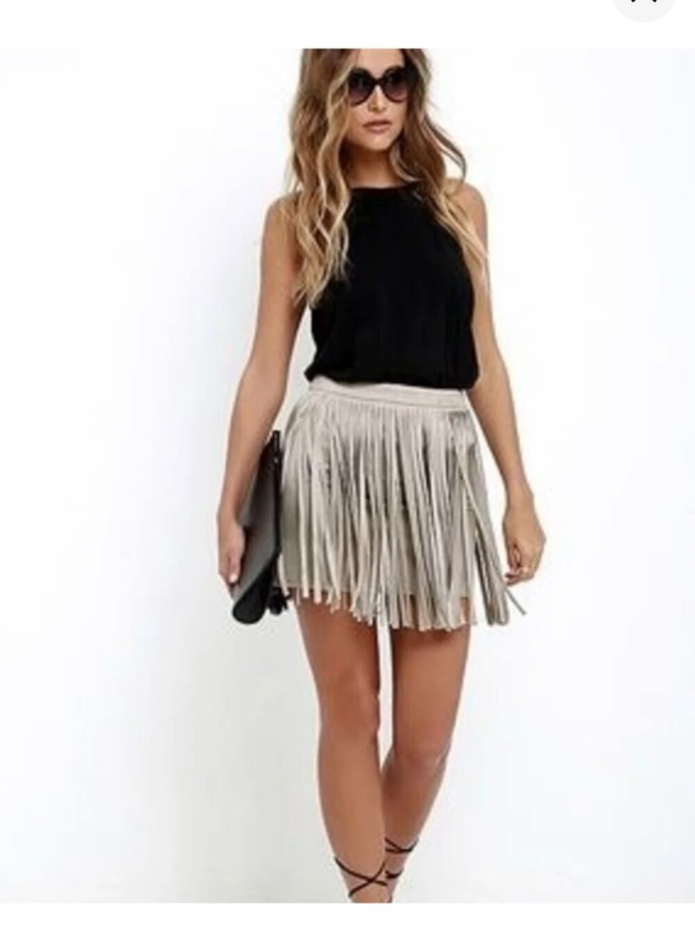BB Dakota Taupe Faux Suede Fringe Mini Skirt Size 2